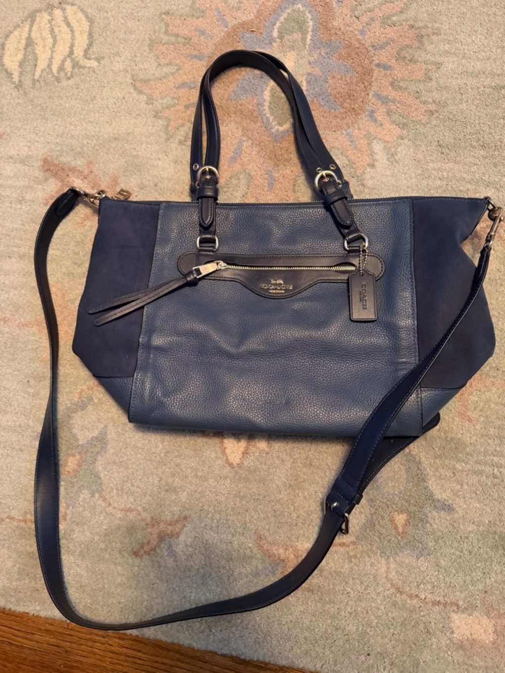 Coach Navy Leather & Suede Tote with Crossbody Strap - Picture 3 of 3